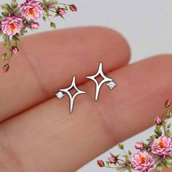 925 Sterling Silver Hollow Cubic Zirconia Star Design Stud Earrings - Picture 1 of 9